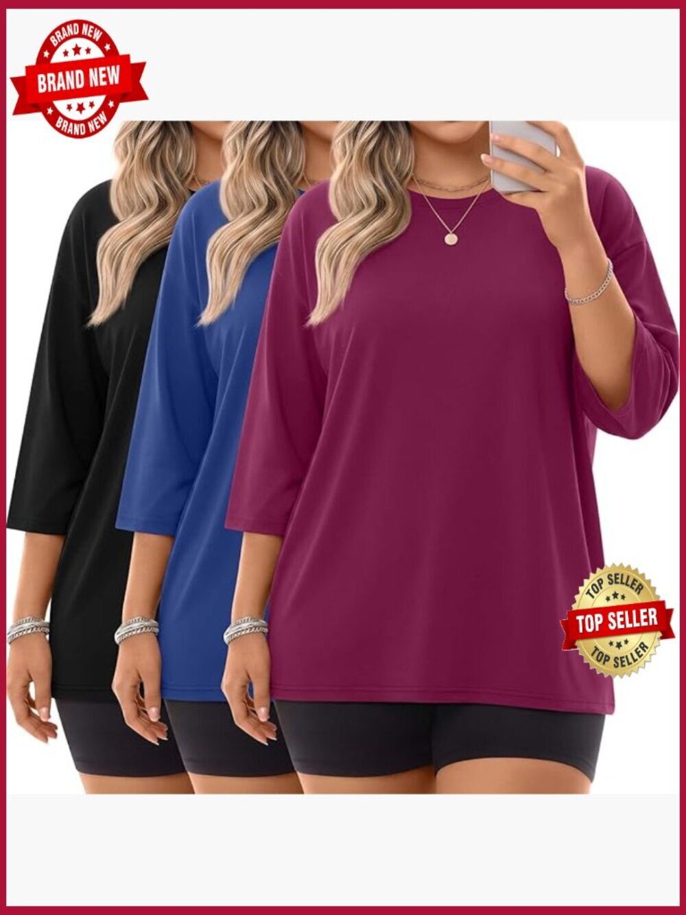 3 Pack Plus Size 3/4 Sleeve Cotton Crew Neck Oversized T Shirts Loose Fit Tee